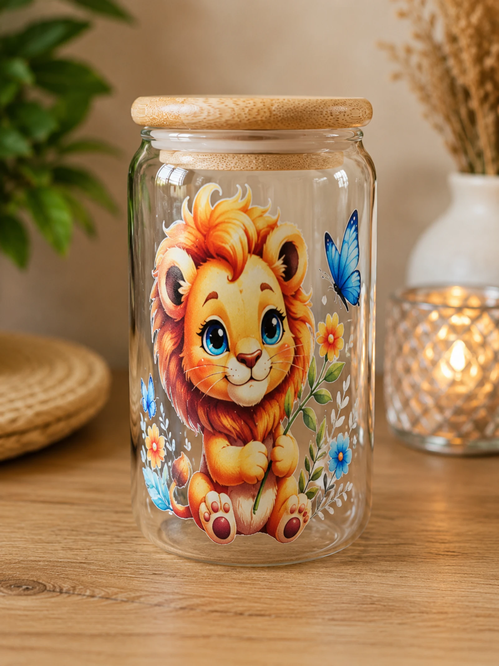 Verre canette avec paille en verre, couvercle en bambou et goupillon